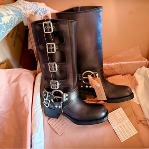 Brand New In Box Miu Miu Leather Buckle Tall Moto Boots